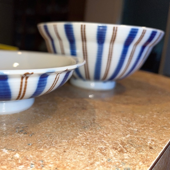 Japanese lidded Rice / Soup Bowl Set Striped Blue Brown - Picture 11 of 11